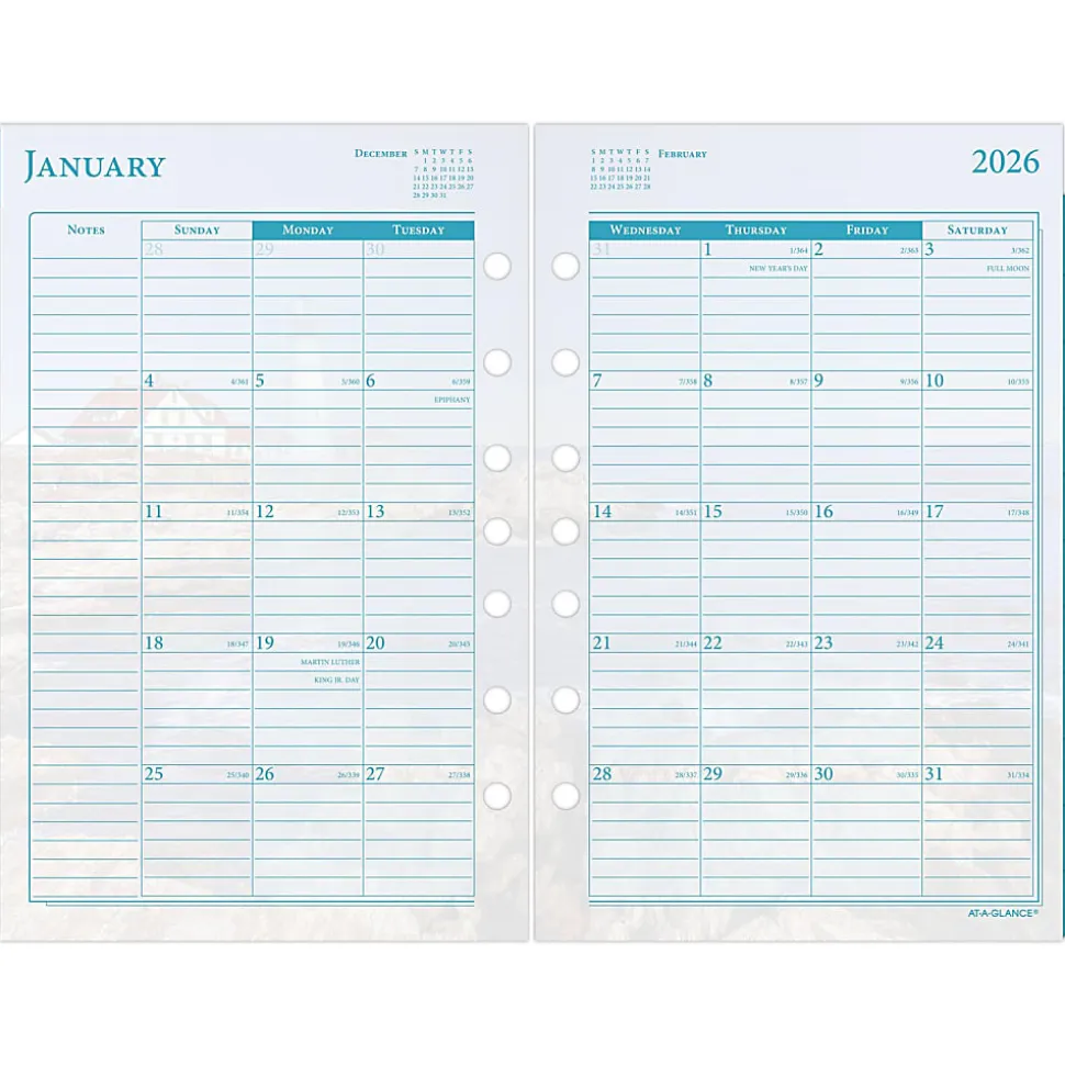 AT-A-GLANCE® 2026 Seascapes Daily Monthly Planner Two Page Per Day Refill, Loose-Leaf, Desk Size, 5 1/2" x 8 1/2"