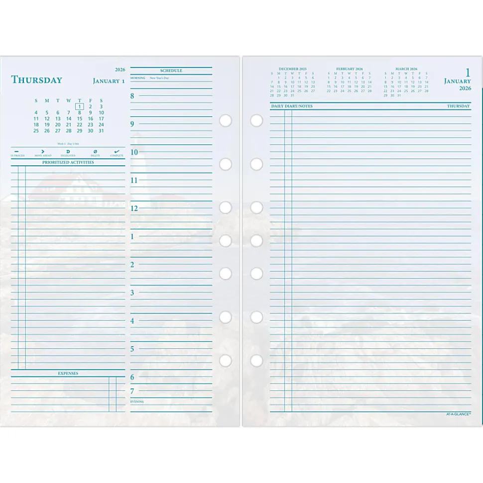 AT-A-GLANCE® 2026 Seascapes Daily Monthly Planner Two Page Per Day Refill, Loose-Leaf, Desk Size, 5 1/2" x 8 1/2"