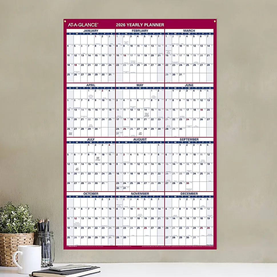 AT-A-GLANCE® 2026 Vertical Horizontal Reversible Erasable Yearly Wall Calendar, Large, 24" x 36"
