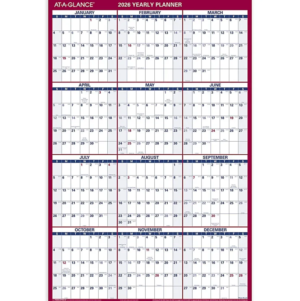 AT-A-GLANCE® 2026 Vertical Horizontal Reversible Erasable Yearly Wall Calendar, Large, 24" x 36"