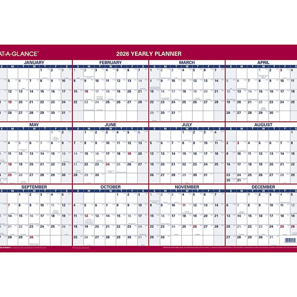 AT-A-GLANCE® 2026 Vertical Horizontal Reversible Erasable Yearly Wall Calendar, Large, 24" x 36"