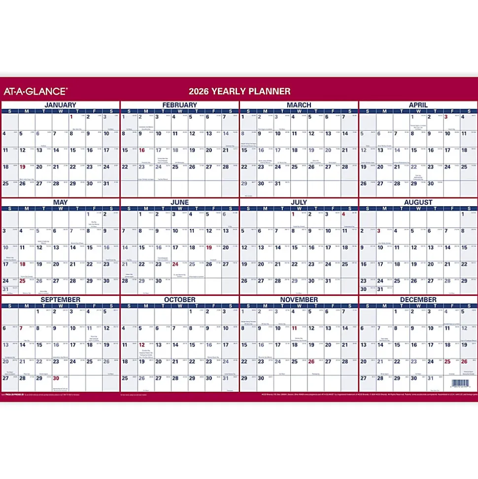 AT-A-GLANCE® 2026 Vertical Horizontal Reversible Erasable Yearly Wall Calendar, Large, 24" x 36"
