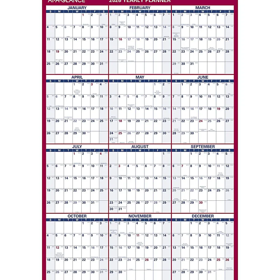 AT-A-GLANCE® 2026 Vertical Horizontal Reversible Erasable Yearly Wall Calendar, Large, 24" x 36"