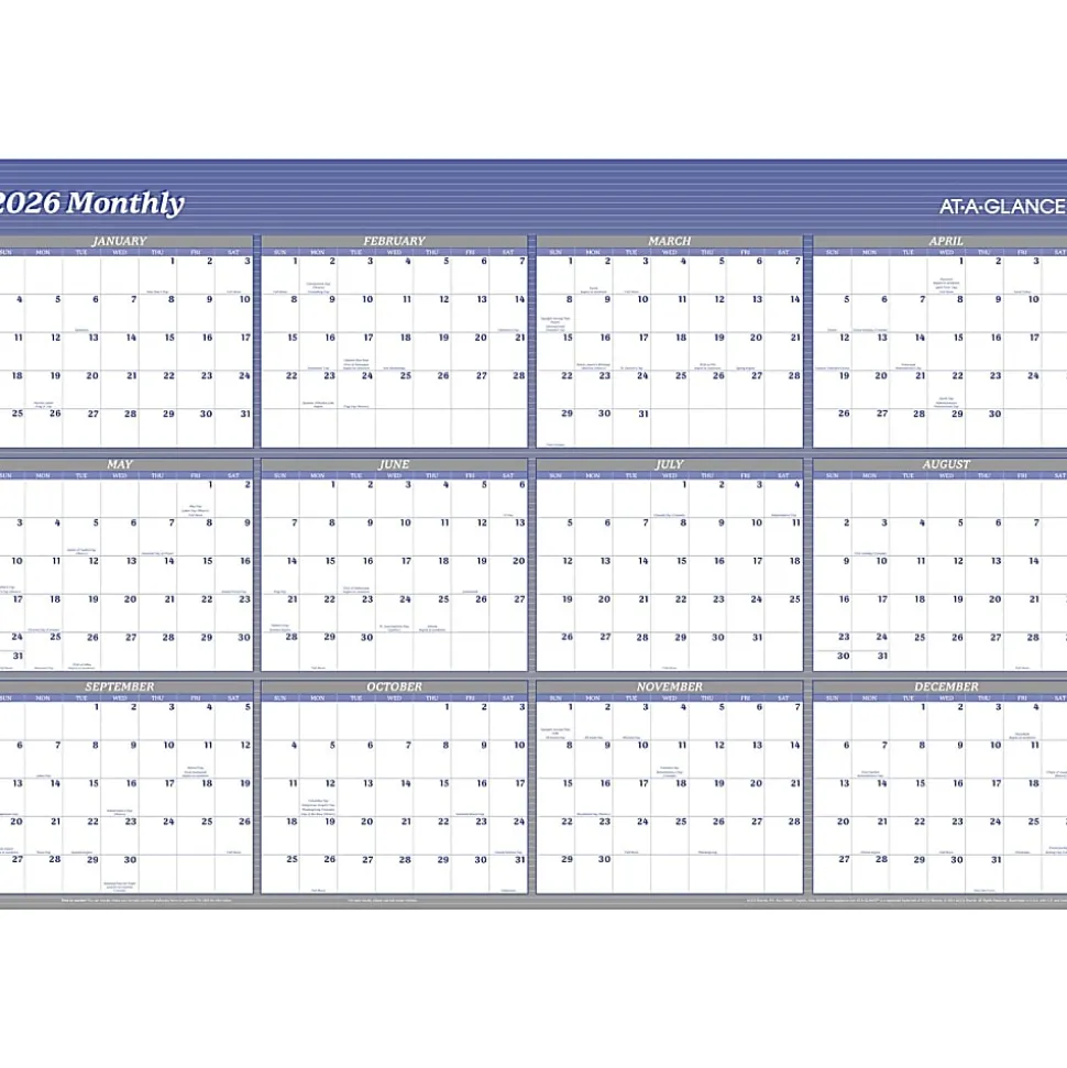 AT-A-GLANCE® 2026 Vertical Horizontal Reversible Erasable Yearly Wall Calendar, Blue, Extra Large, 48" x 32"