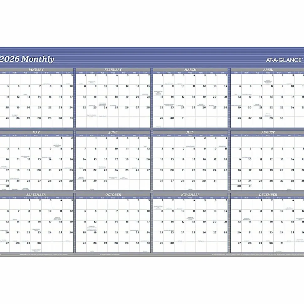 AT-A-GLANCE® 2026 Vertical Horizontal Reversible Erasable Yearly Wall Calendar, Blue, Extra Large, 48" x 32"