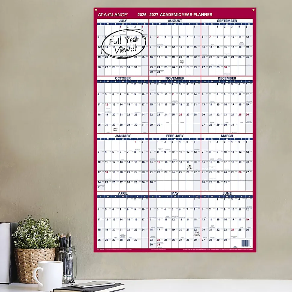 AT-A-GLANCE® Vertical Reversible Erasable Academic and Regular Year 2026-2027 Wall Calendar, Large, 36" x 24"
