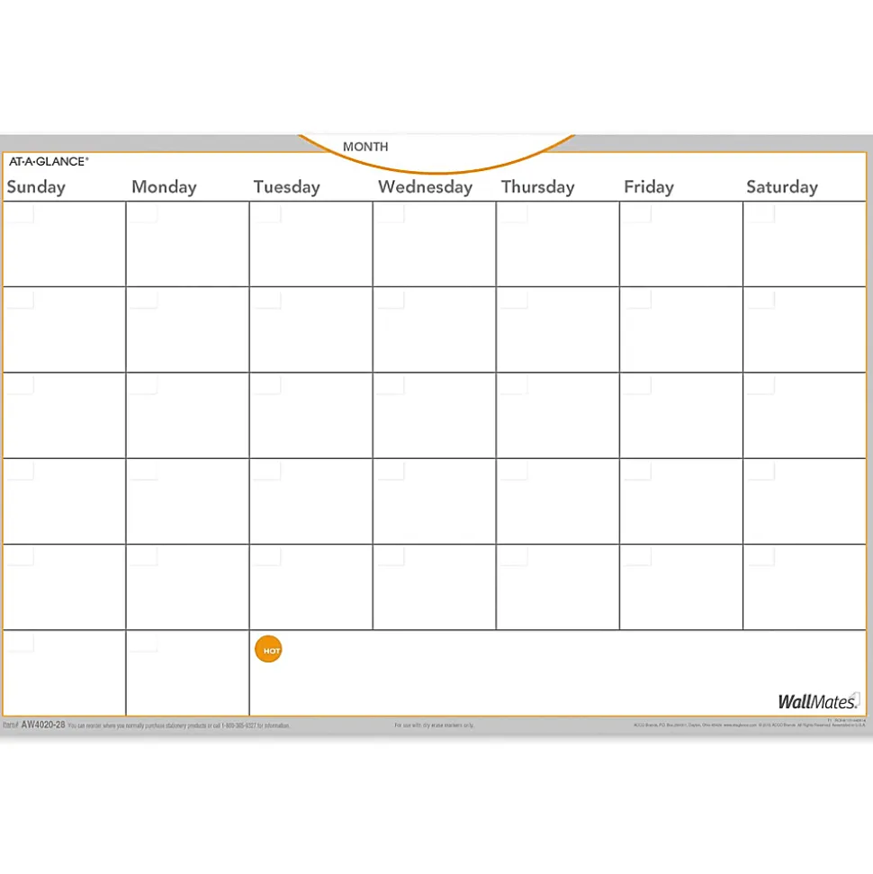 AT-A-GLANCE® WallMates™ Non-Magnetic Dry-Erase Whiteboard Calendar Surface, 12" x 18", Monthly Undated