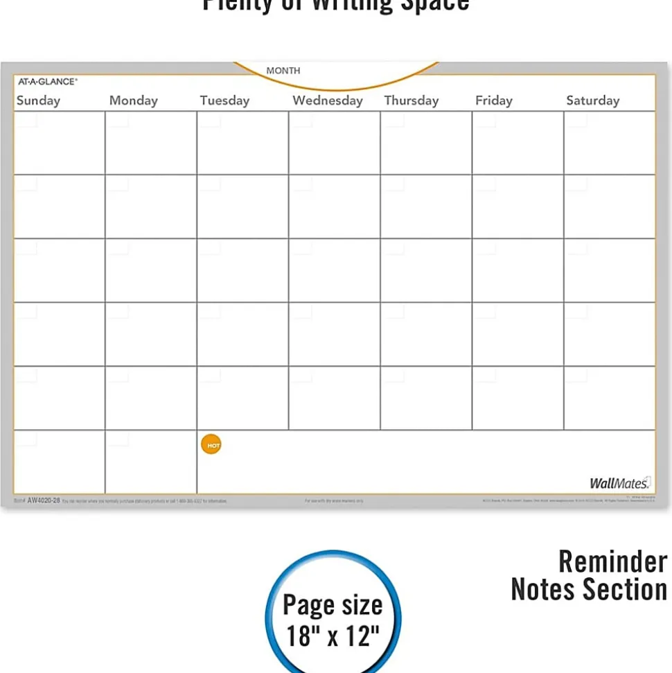 AT-A-GLANCE® WallMates™ Non-Magnetic Dry-Erase Whiteboard Calendar Surface, 12" x 18", Monthly Undated