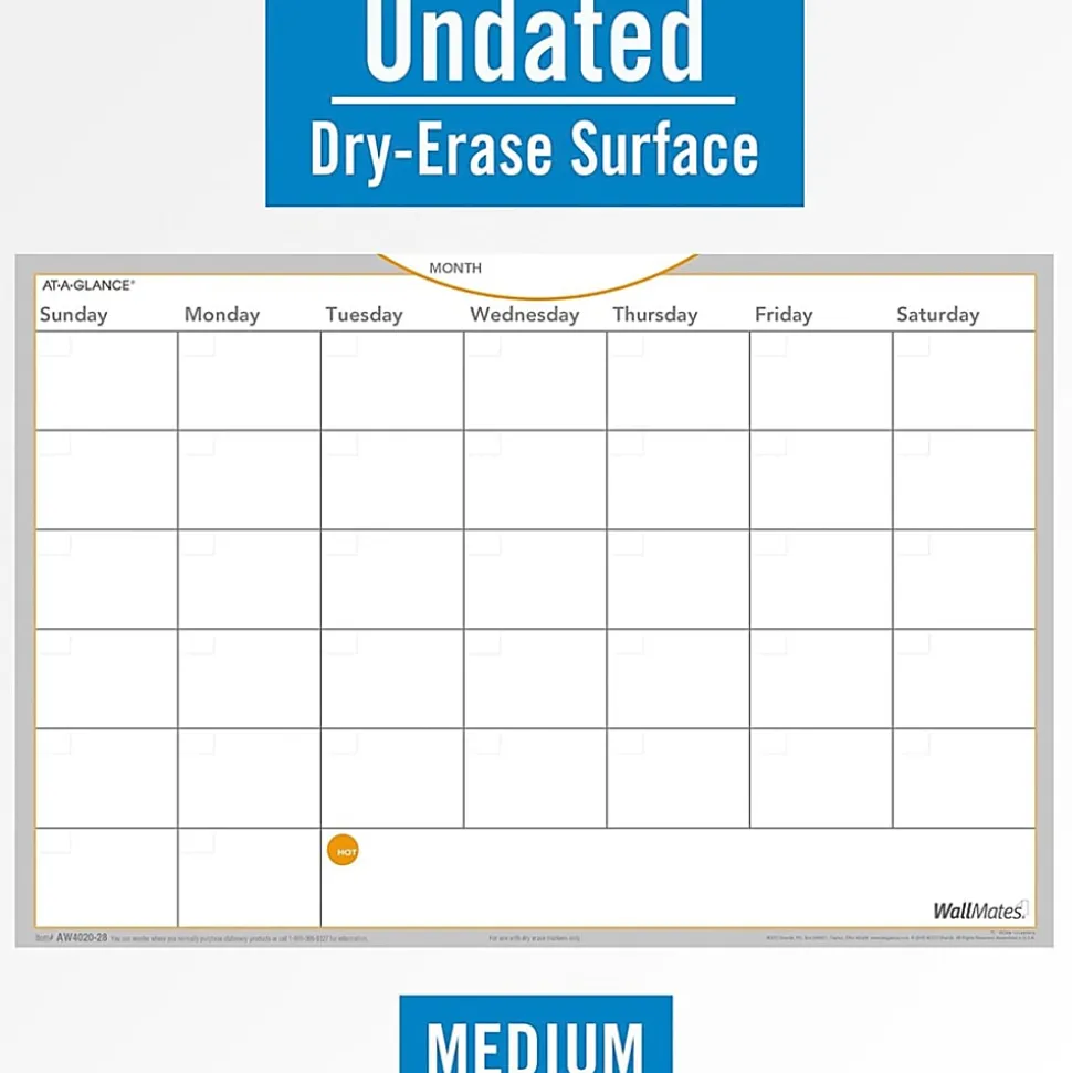 AT-A-GLANCE® WallMates™ Non-Magnetic Dry-Erase Whiteboard Calendar Surface, 12" x 18", Monthly Undated