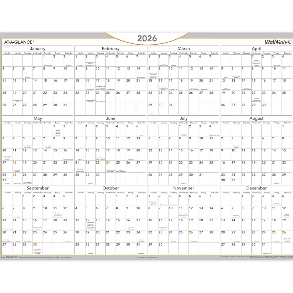 AT-A-GLANCE® 2026 WallMates Self-Adhesive Dry-Erase Yearly Calendar, Large, 24" x 18"