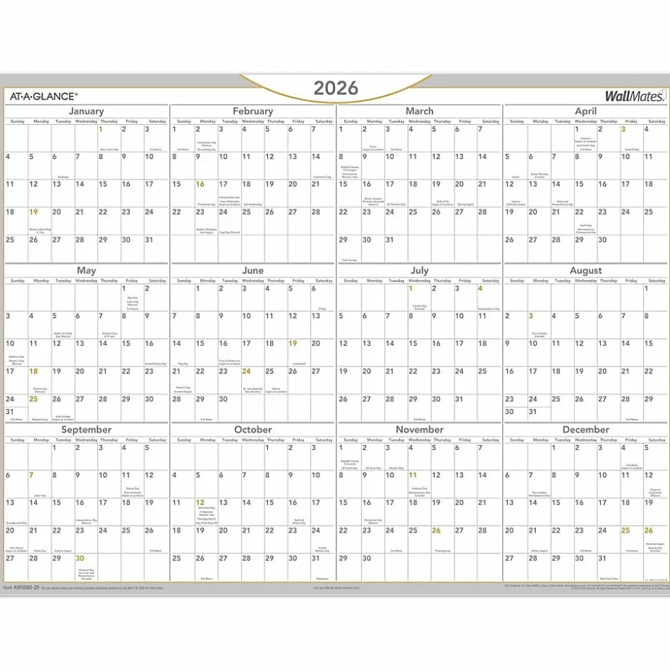 AT-A-GLANCE® 2026 WallMates Self-Adhesive Dry-Erase Yearly Calendar, Large, 24" x 18"