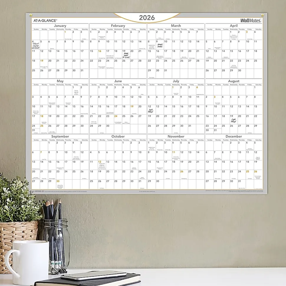 AT-A-GLANCE® 2026 WallMates Self-Adhesive Dry-Erase Yearly Calendar, Large, 24" x 18"