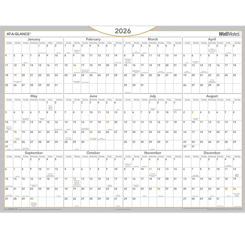 AT-A-GLANCE® 2026 WallMates Self-Adhesive Dry-Erase Yearly Calendar, Large, 24" x 18"