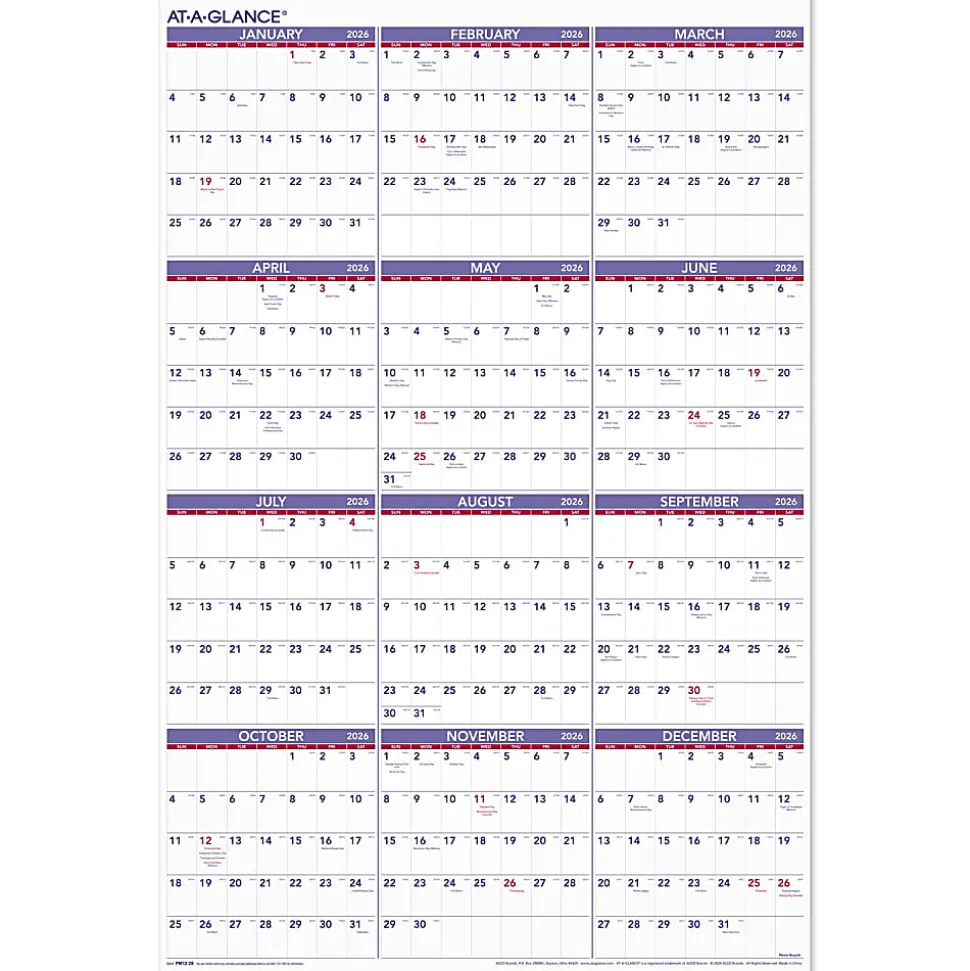 AT-A-GLANCE® 2026 Yearly Wall Calendar, Extra Large, 24" x 36"
