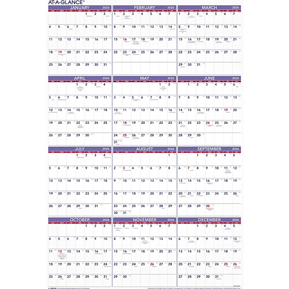 AT-A-GLANCE® 2026 Yearly Wall Calendar, Extra Large, 24" x 36"