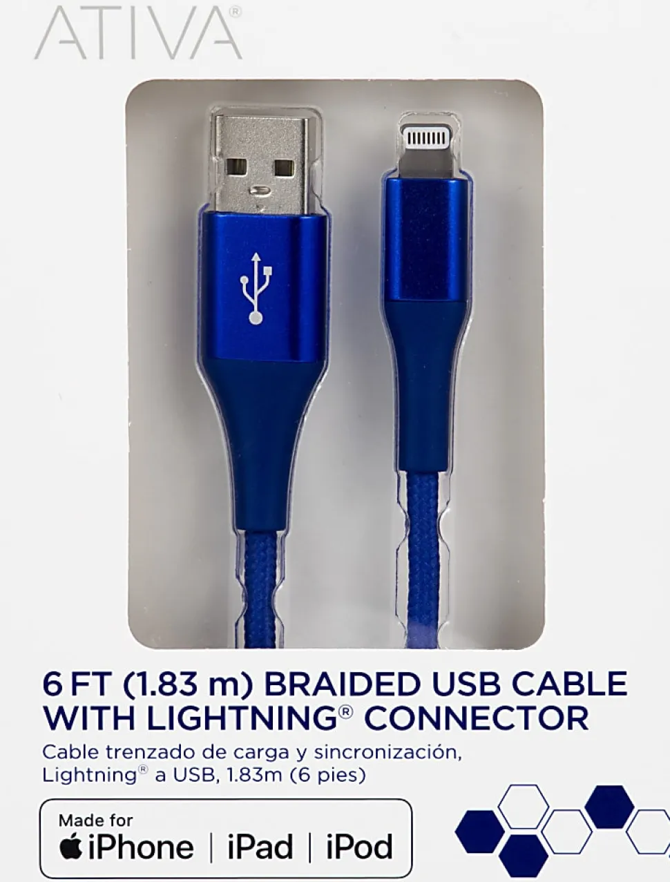 Ativa® Lightning To USB Type-A Cable, 6', Navy, 45403