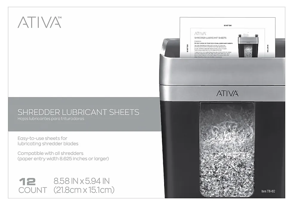 Ativa™ Shredder Lubricant Sheets, Pack Of 12 Sheets