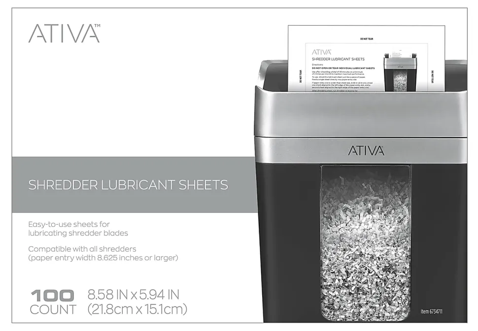 Ativa™ Shredder Lubricant Sheets, Pack Of 100 Sheets
