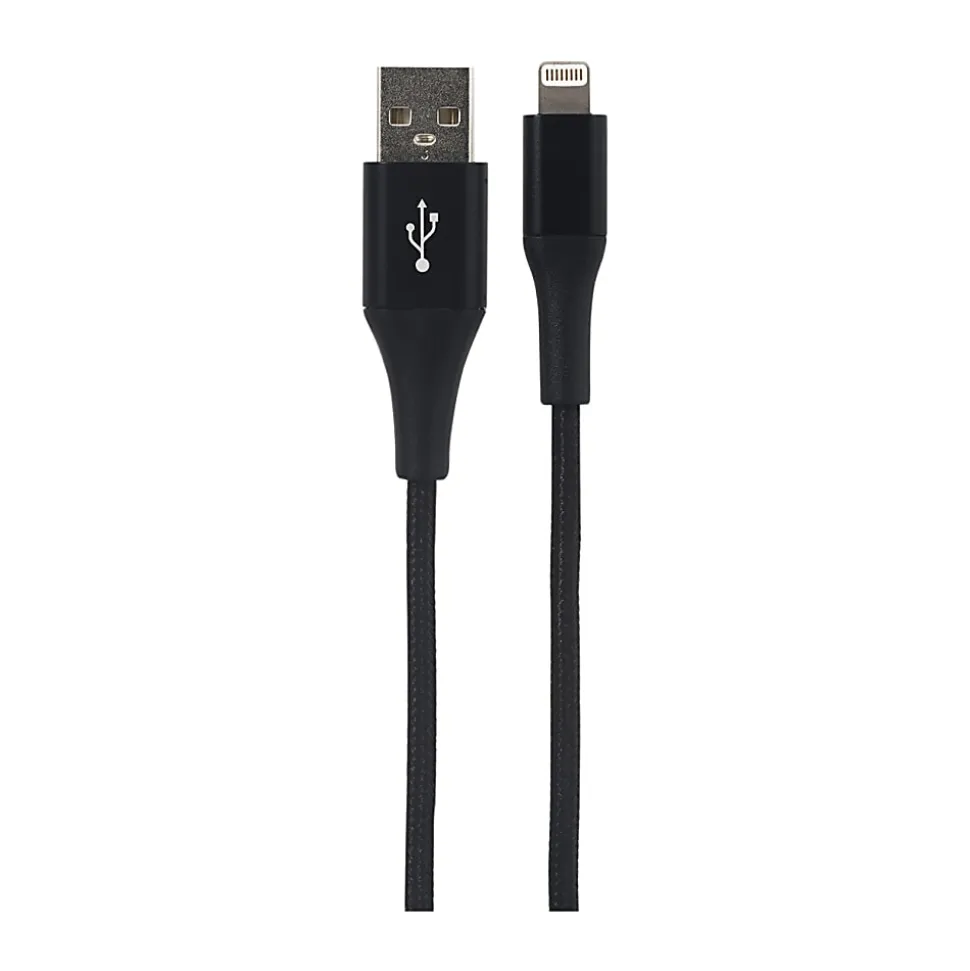 Ativa® USB-Type-A-To-Lightning Braided Aluminum Charge And Sync Cable, 3', Black, 45843