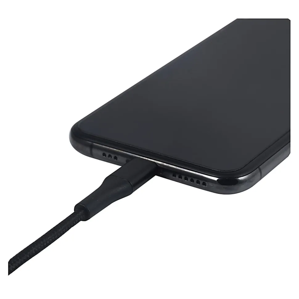 Ativa® USB-Type-A-To-Lightning Braided Aluminum Charge And Sync Cable, 3', Black, 45843