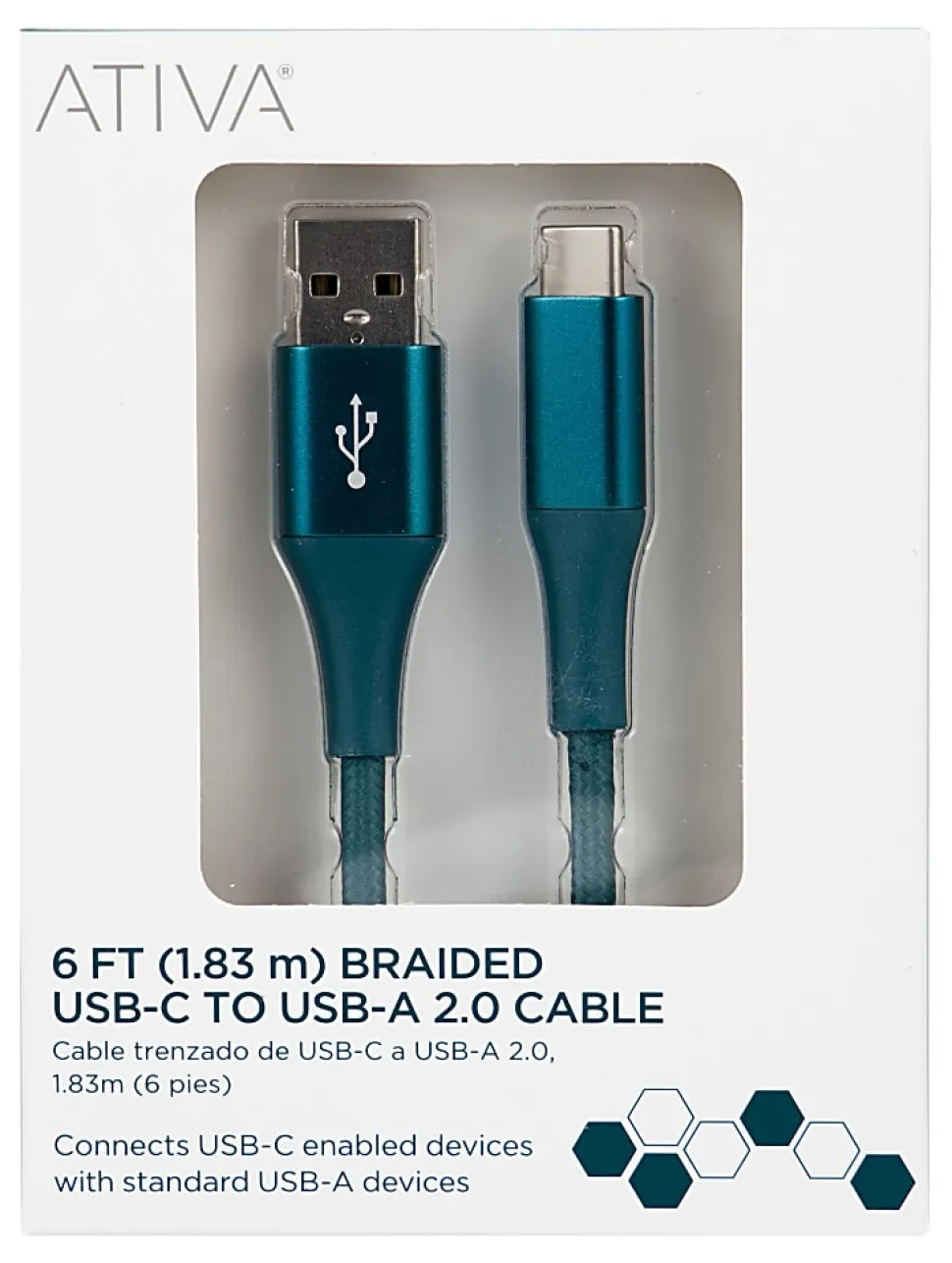 Ativa® USB Type-C To USB Type-A Cable, 6', Emerald, 45398