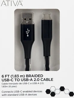 Ativa® USB Type-C To USB Type-A Cable, 6', Black, 45380
