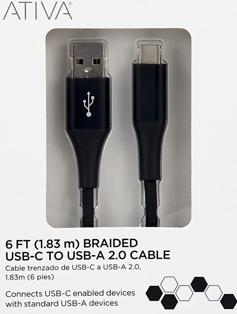 Ativa® USB Type-C To USB Type-A Cable, 6', Black, 45380