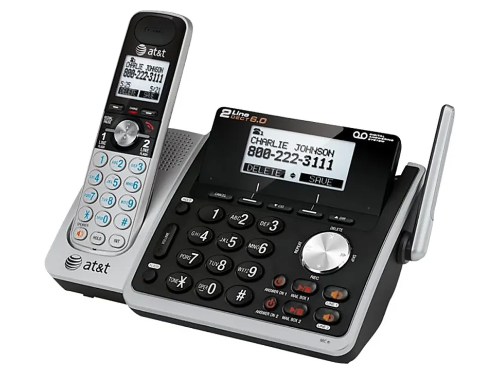 AT&T TL88102 DECT 6.0 Digital 2-Line Cordless Phone With Answering, Silver/Black