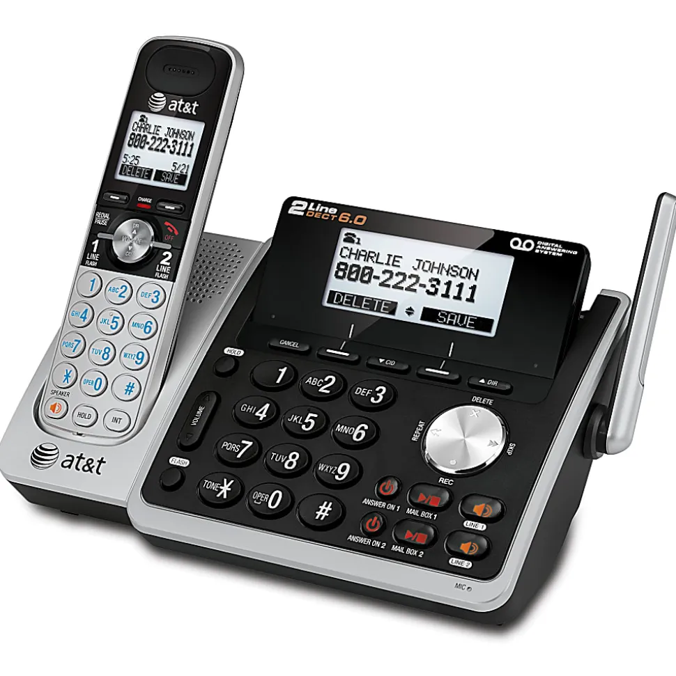 AT&T TL88102 DECT 6.0 Digital 2-Line Cordless Phone With Answering, Silver/Black