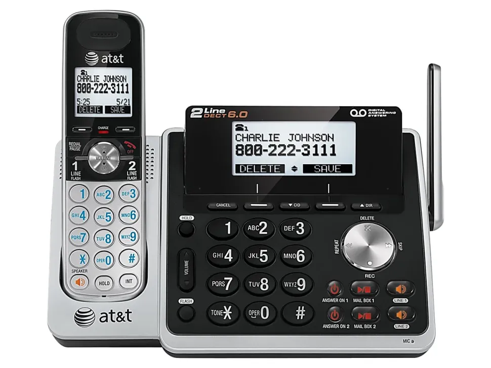 AT&T TL88102 DECT 6.0 Digital 2-Line Cordless Phone With Answering, Silver/Black