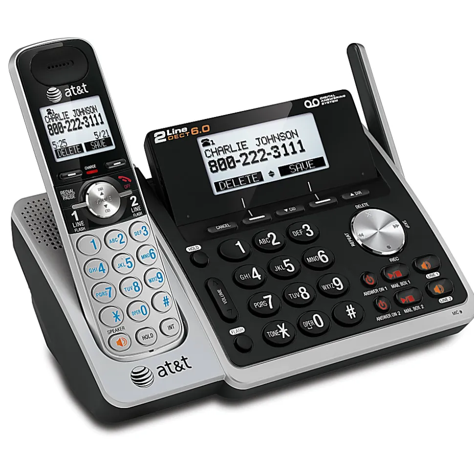AT&T TL88102 DECT 6.0 Digital 2-Line Cordless Phone With Answering, Silver/Black