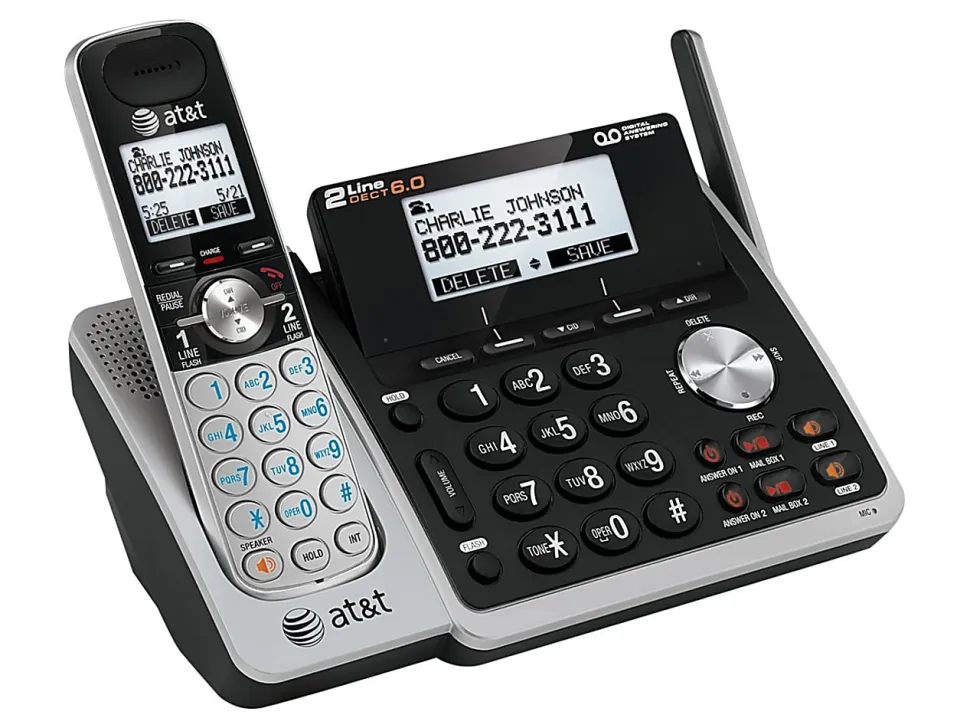 AT&T TL88102 DECT 6.0 Digital 2-Line Cordless Phone With Answering, Silver/Black