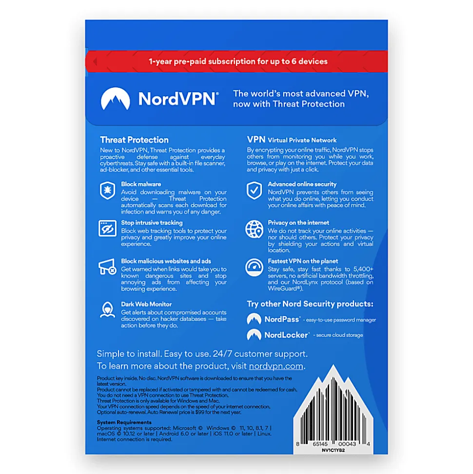 Avanquest NordVPN Internet Security And Privacy, For PC or Mac®, 6 Devices, 1 Year Subscription