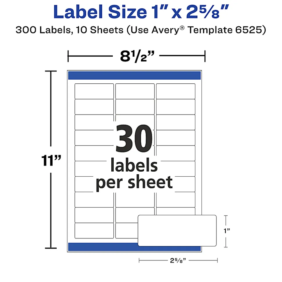 Avery® Address Labels With Sure Feed® And Easy Peel® Technology, 6525, Rectangle, 1" x 2-5/8", Glossy White, Pack Of 300