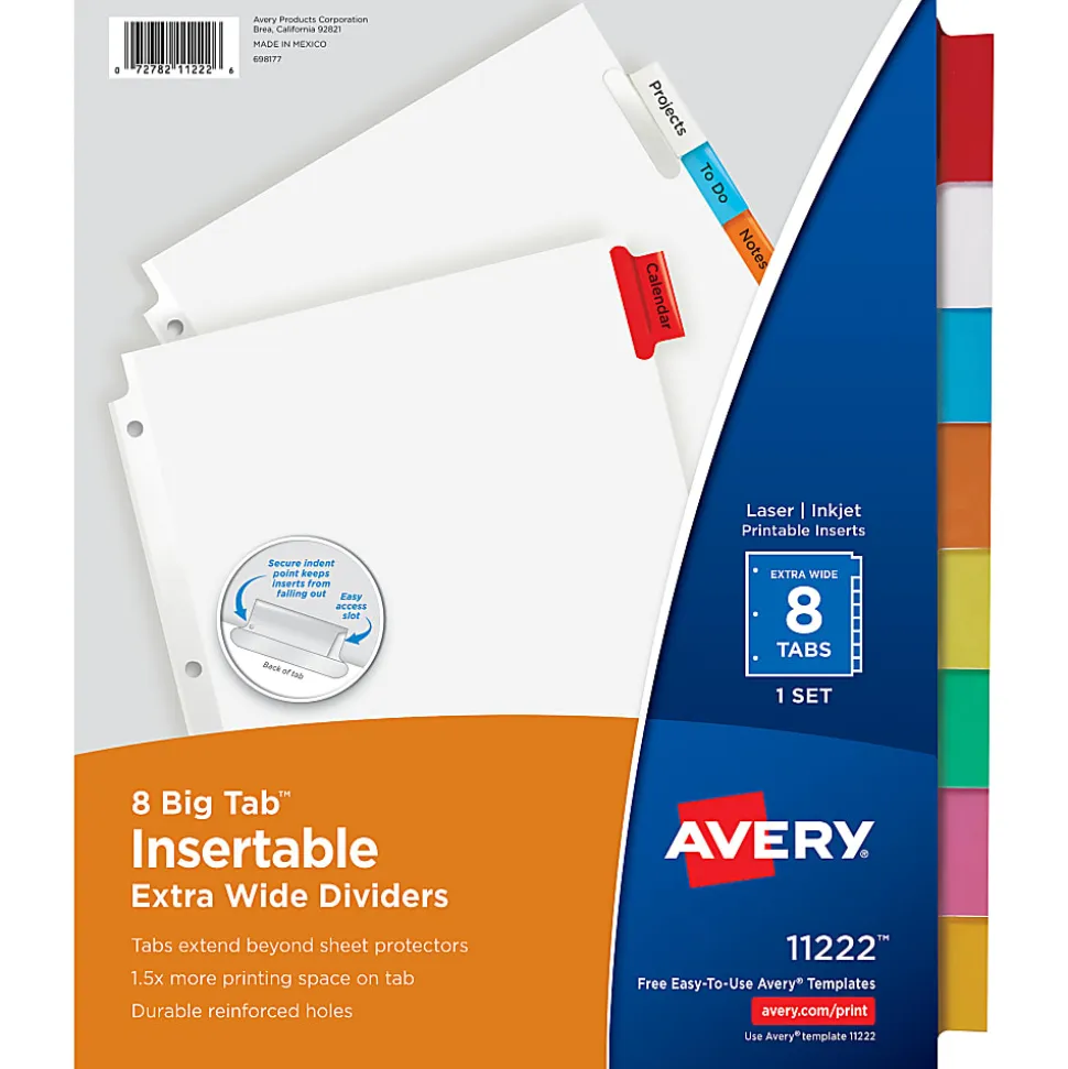 Avery® Big Tab™ Extra-Wide Insertable Dividers, Clear Reinforced, White/Multicolor, 8-Tab