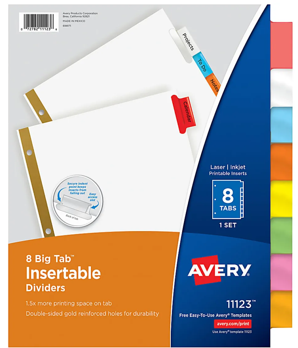 Avery® Big Tab™ Insertable Dividers, Gold Reinforced, White/Multicolor, 8-Tab