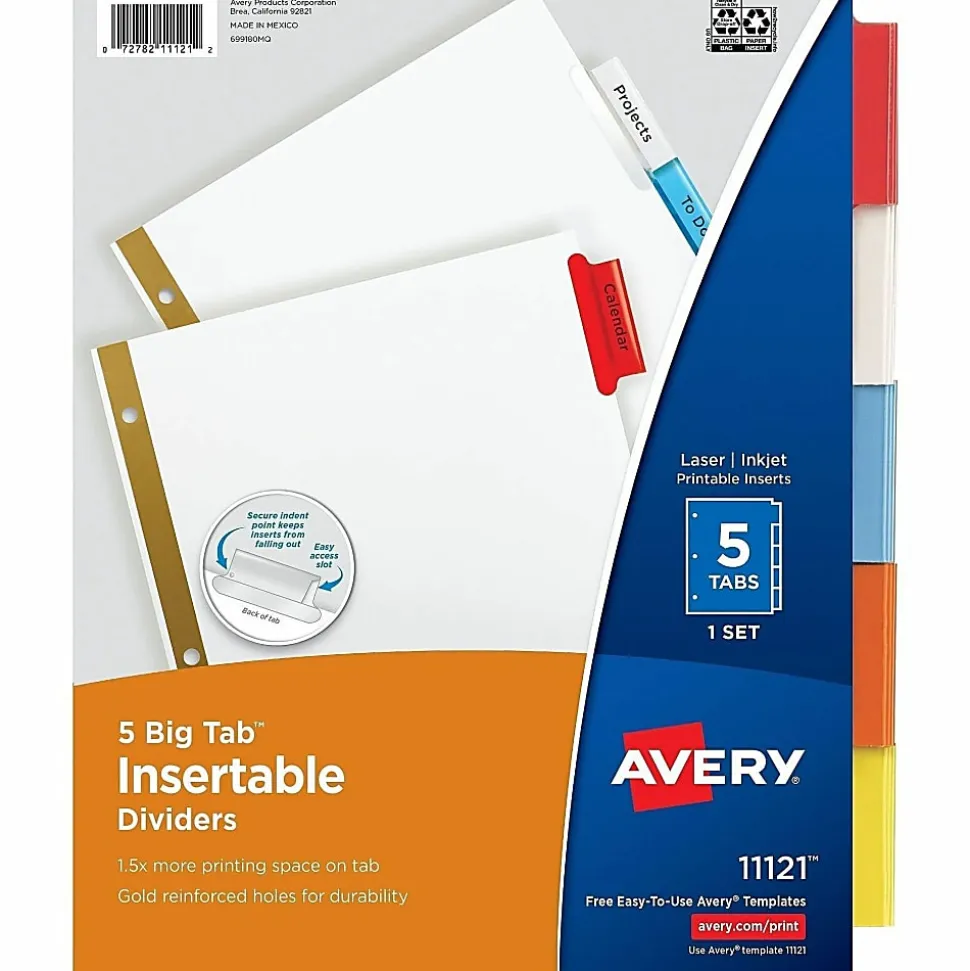 Avery® Big Tab™ Insertable Dividers Gold Reinforced Edge, White/Multicolor, 5-Tab
