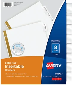 Avery® Big Tab™ Insertable Dividers Gold Reinforced Edge, White/Clear, 8-Tab