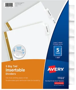 Avery® Big Tab™ Insertable Dividers Gold Reinforced Edge, White/Clear, 5-Tab