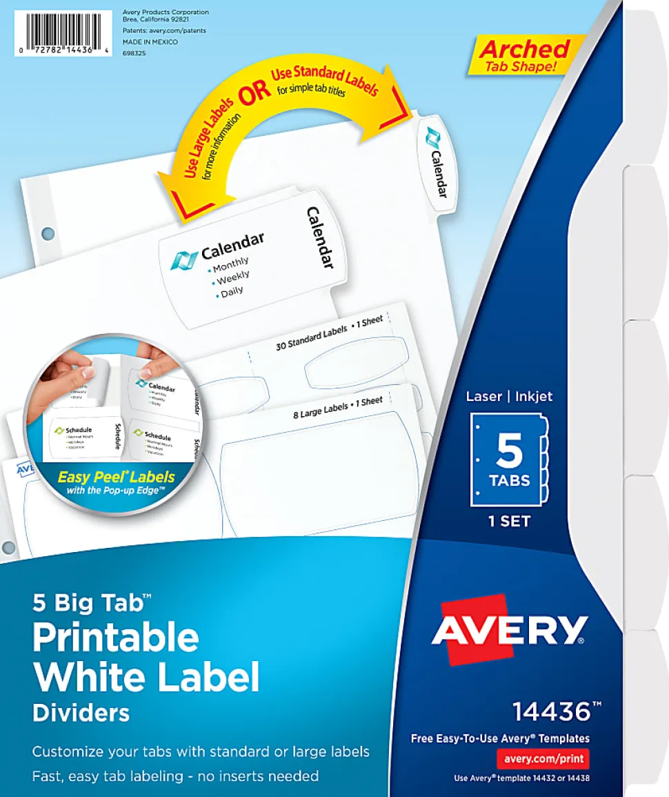 Avery® Big Tab™ Printable Label Dividers, Easy Peel®, 8 1/2" x 11", 5 Tab, White, Pack Of 1