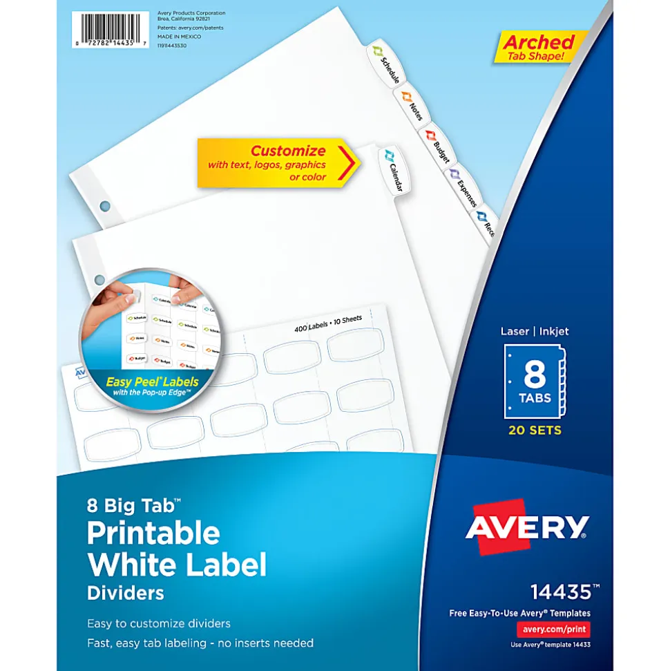 Avery® Big Tab™ Printable Label Dividers, Easy Peel®, 8 Tabs, Pack Of 20 Sets