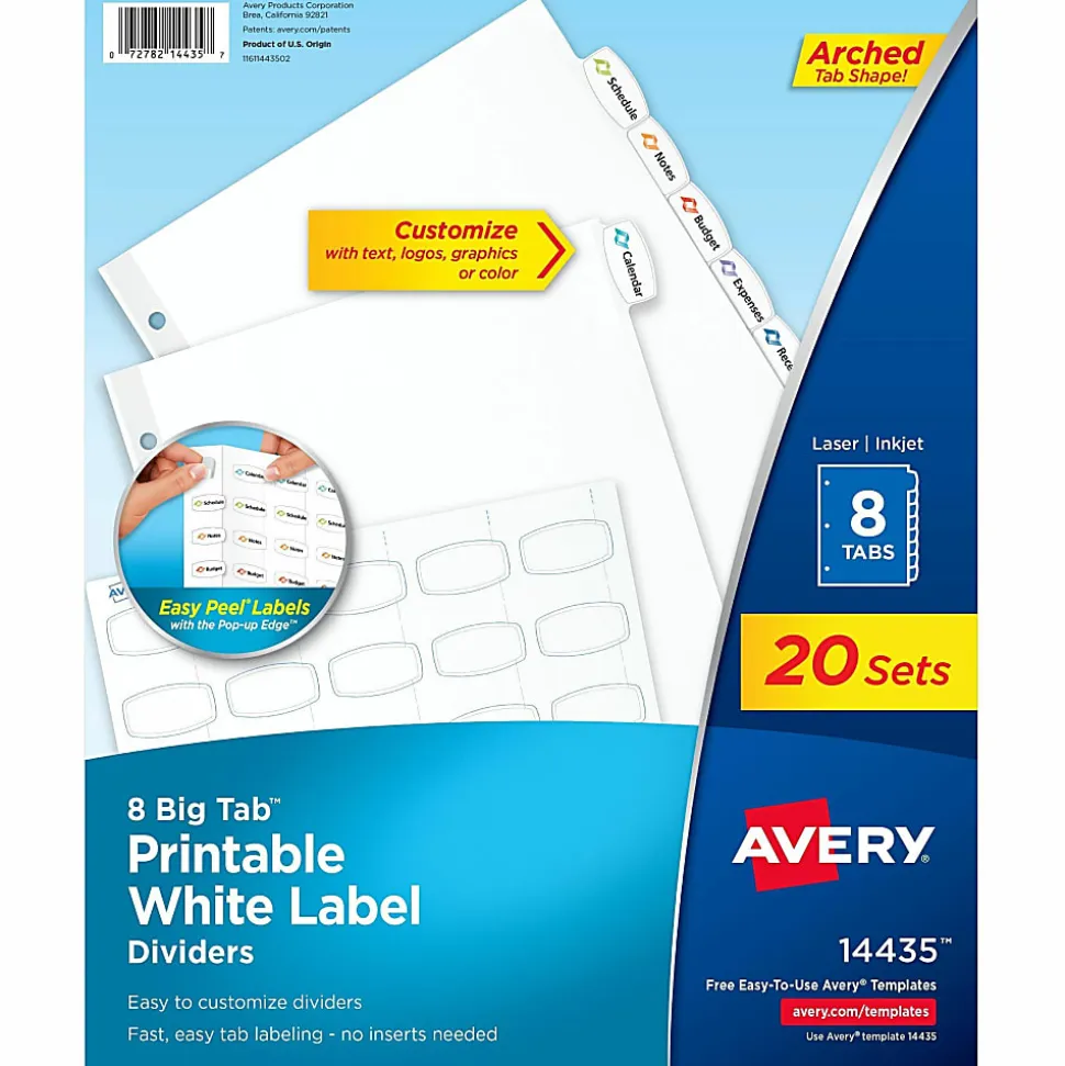 Avery® Big Tab™ Printable Label Dividers, Easy Peel®, 8 Tabs, Pack Of 20 Sets