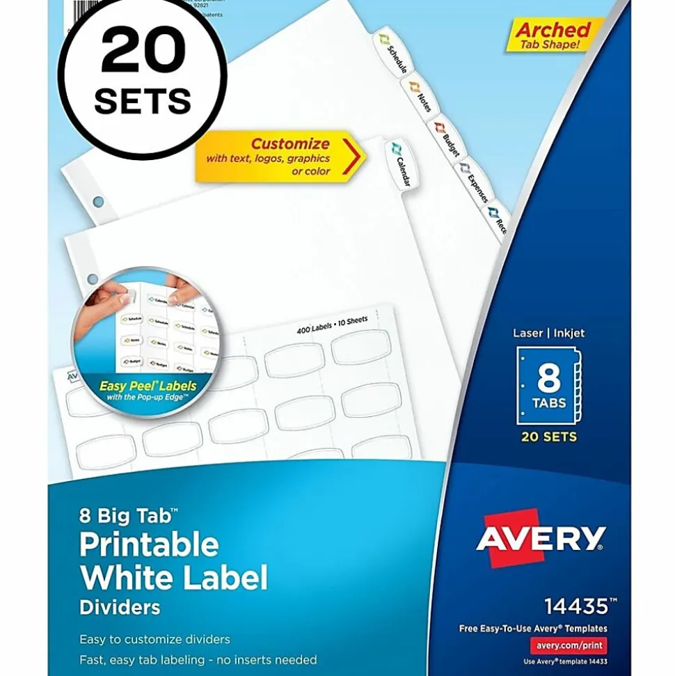 Avery® Big Tab™ Printable Label Dividers, Easy Peel®, 8 Tabs, Pack Of 20 Sets