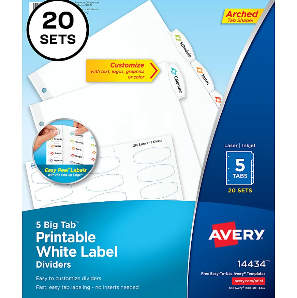 Avery® Big Tab™ Printable Label Dividers With Easy Peel®, 8-1/2" x 11", 5 Tab, White, Pack Of 20 Sets