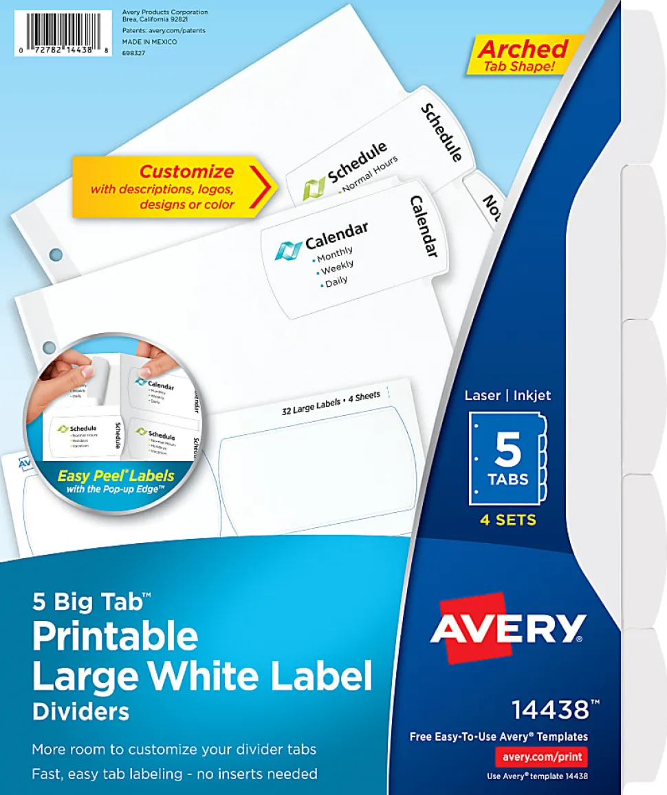 Avery® Big Tab™ Printable Large Label Dividers With Easy Peel®, 8 1/2" x 11", 5 Tab, White, Pack Of 4