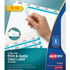 Avery® Big Tab™ Print & Apply Clear Label Dividers with Index Maker® Easy Apply™ Printable Label Strip, 5-Tab, White, Pack of 5 Sets