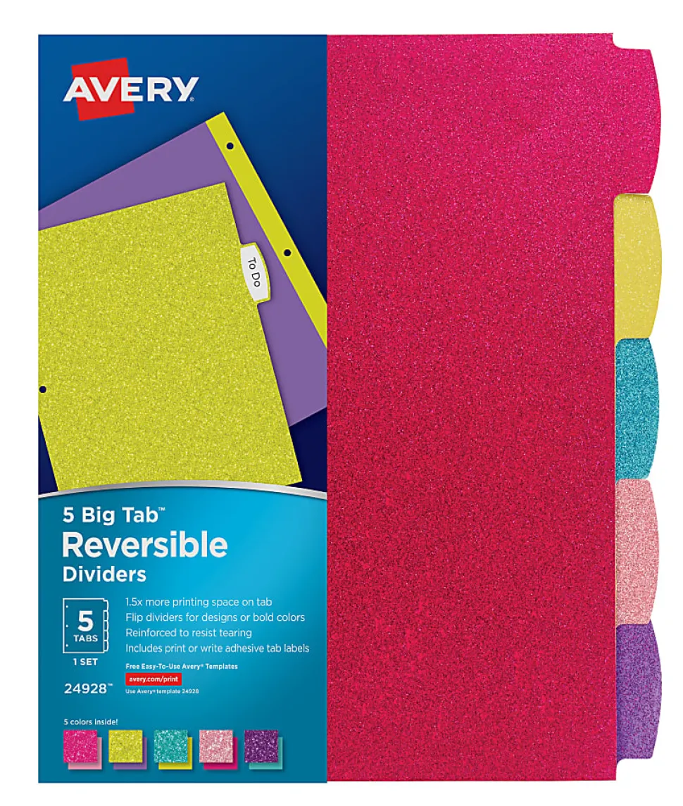 Avery® Big Tab™ Reversible Fashion Dividers, 8 1/2" x 11", 5 Tab, Multicolor Glitter, 1 Set