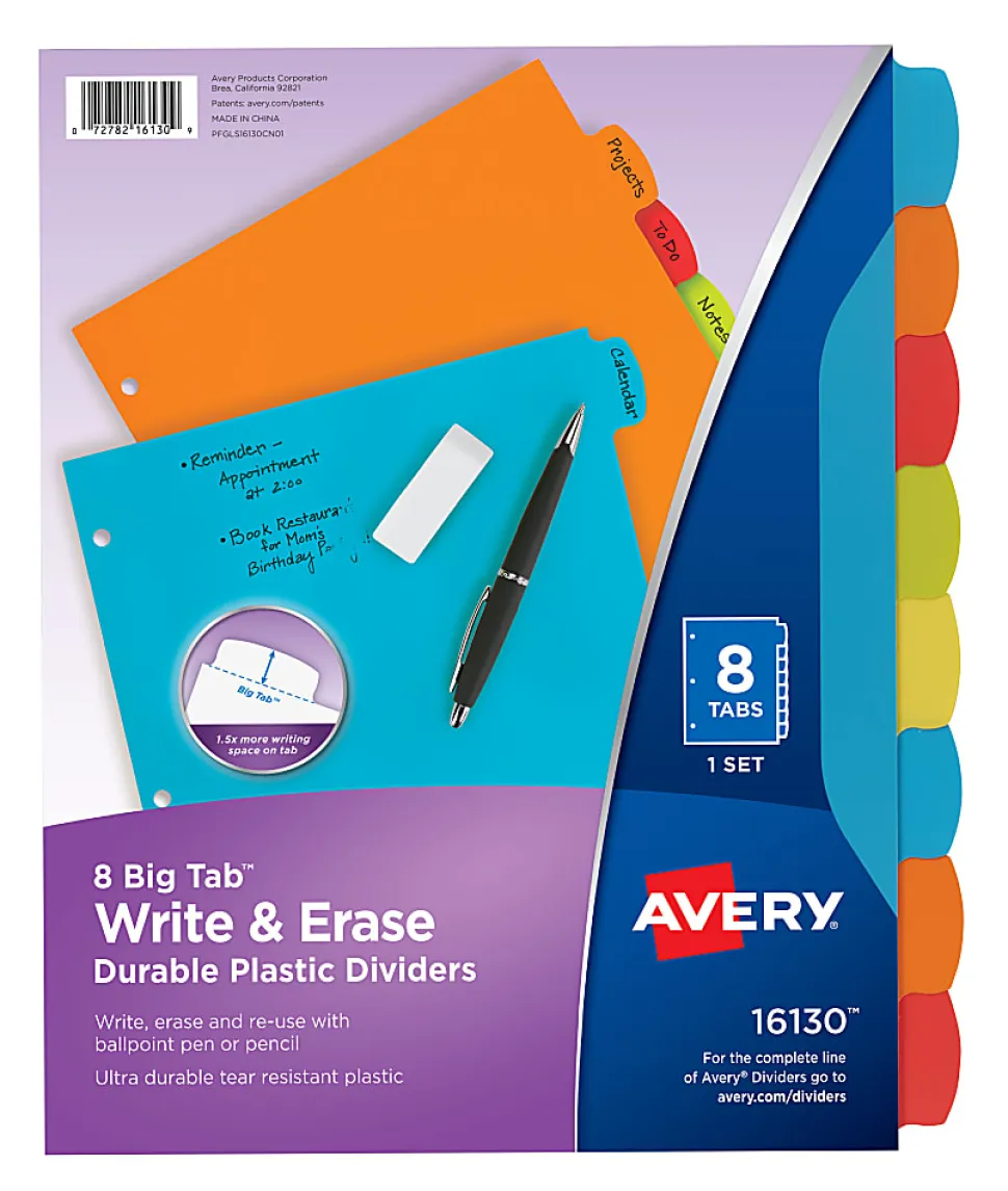 Avery® Big Tab™ Write & Erase Durable Plastic Dividers, 8 1/2" x 11", Multicolor Brights, 8-Tab