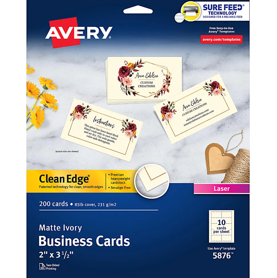 Avery® Clean Edge® Printable Business Cards With Sure Feed® Technology For Laser Printers, 2" x 3.5", Ivory, 200 Blank Cards