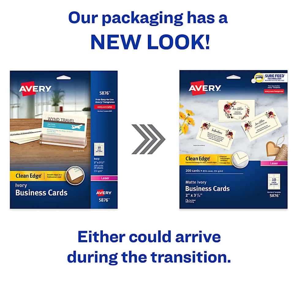 Avery® Clean Edge® Printable Business Cards With Sure Feed® Technology For Laser Printers, 2" x 3.5", Ivory, 200 Blank Cards